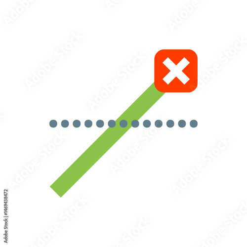 Green line crossing a dotted line with a red square containing a white x on a white background image