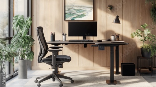 Fototapeta Naklejka Na Ścianę i Meble -  Modern ergonomic office space with standing desk setup and natural lighting