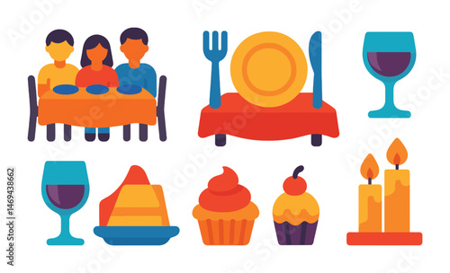 Dining and food flat icons set – culinary, kitchen, meal preparation symbols