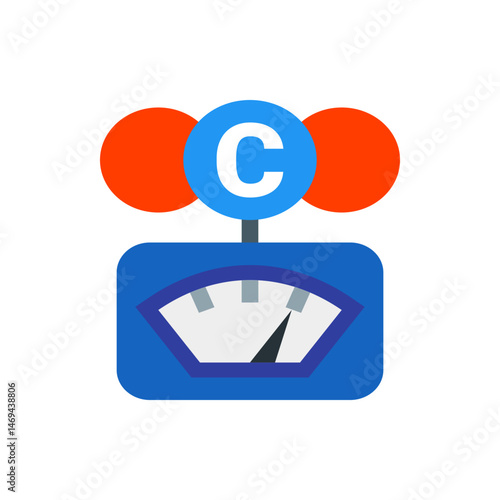 Illustration of a carbon monoxide meter with red circles and a blue display showing a gauge reading