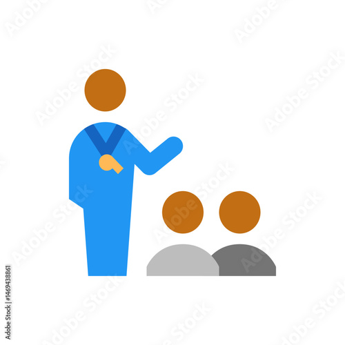 Illustration of a coach with a whistle instructing two individuals in a meeting or training session setting