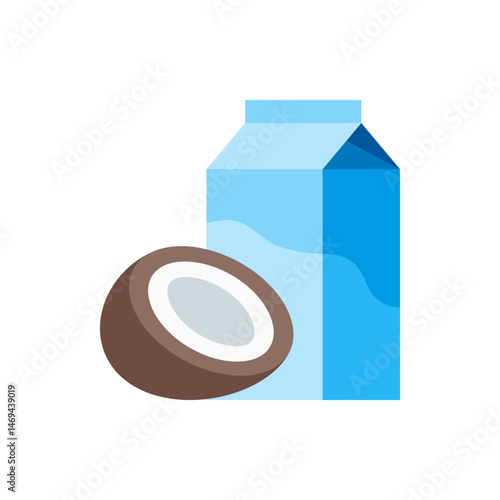 Illustration of a half coconut next to a carton of coconut milk with a blue and white color scheme