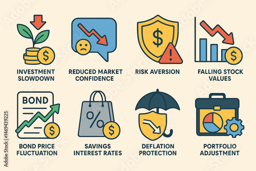 Financial crisis icons set – flat, filled, economic downturn and stock market symbols
