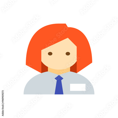 Illustration of a woman with red hair wearing a blue tie and light blue shirt in a flat vector style