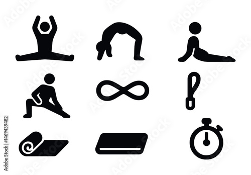 Fitness silhouette icons set – yoga, workout, exercise symbols