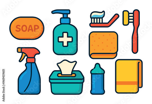 Cleaning and hygiene flat icons set – solid, filled, sanitation and cleanliness graphics