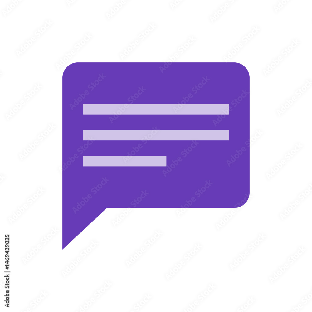 A purple speech bubble with rounded corners and three light purple lines inside representing text content A purple speech bubble with rounded corners and three light purple lines inside representing text content