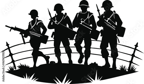 Silhouette of Four World War Two Soldiers Walking