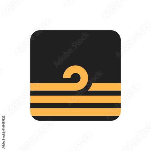 Illustration of a captain's hat with black background and gold stripes and a gold curved line on top
