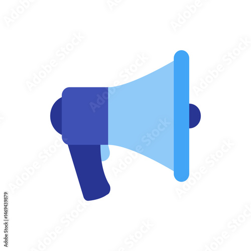 Illustration of a blue megaphone with a handle and a bell, used for announcements and promotions, isolated