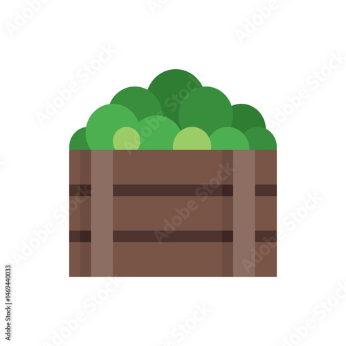 A wooden crate filled with green leafy plants and foliage arranged in a rounded shape on top of it