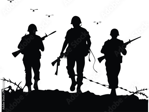 Silhouette of Three Soldiers Walking in a War Zone