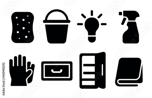 Home cleaning solid icons set – silhouette, filled, housekeeping and maintenance visuals