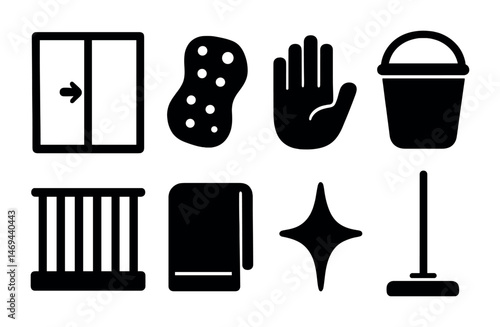Cleaning and hygiene solid icons set – silhouette, filled, sanitation symbols
