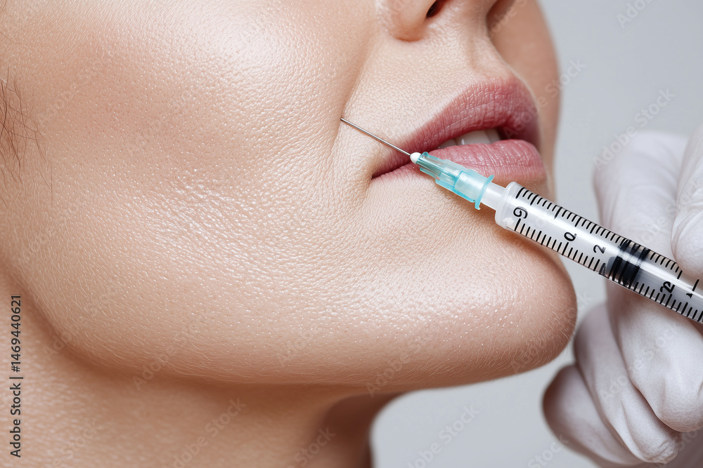 Close up view of professional procedure involving syringe injecting into lip area, showcasing precision and care in cosmetic treatments. image captures delicate nature of aesthetic enhancements Close up view of professional procedure involving syringe injecting into lip area, showcasing precision and care in cosmetic treatments. image captures delicate nature of aesthetic enhancements