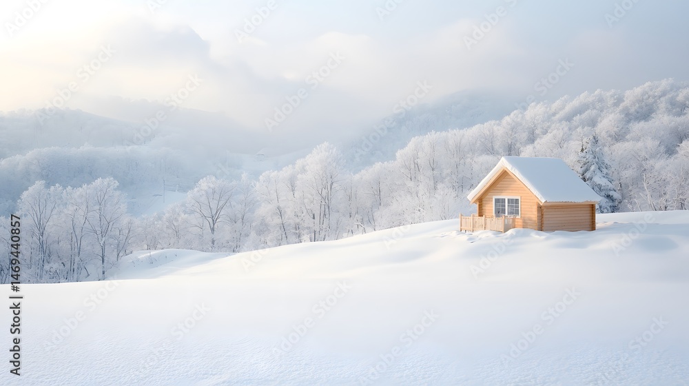 Secluded Wooden Cabin in Snowy Mountain Landscape Secluded Wooden Cabin in Snowy Mountain Landscape