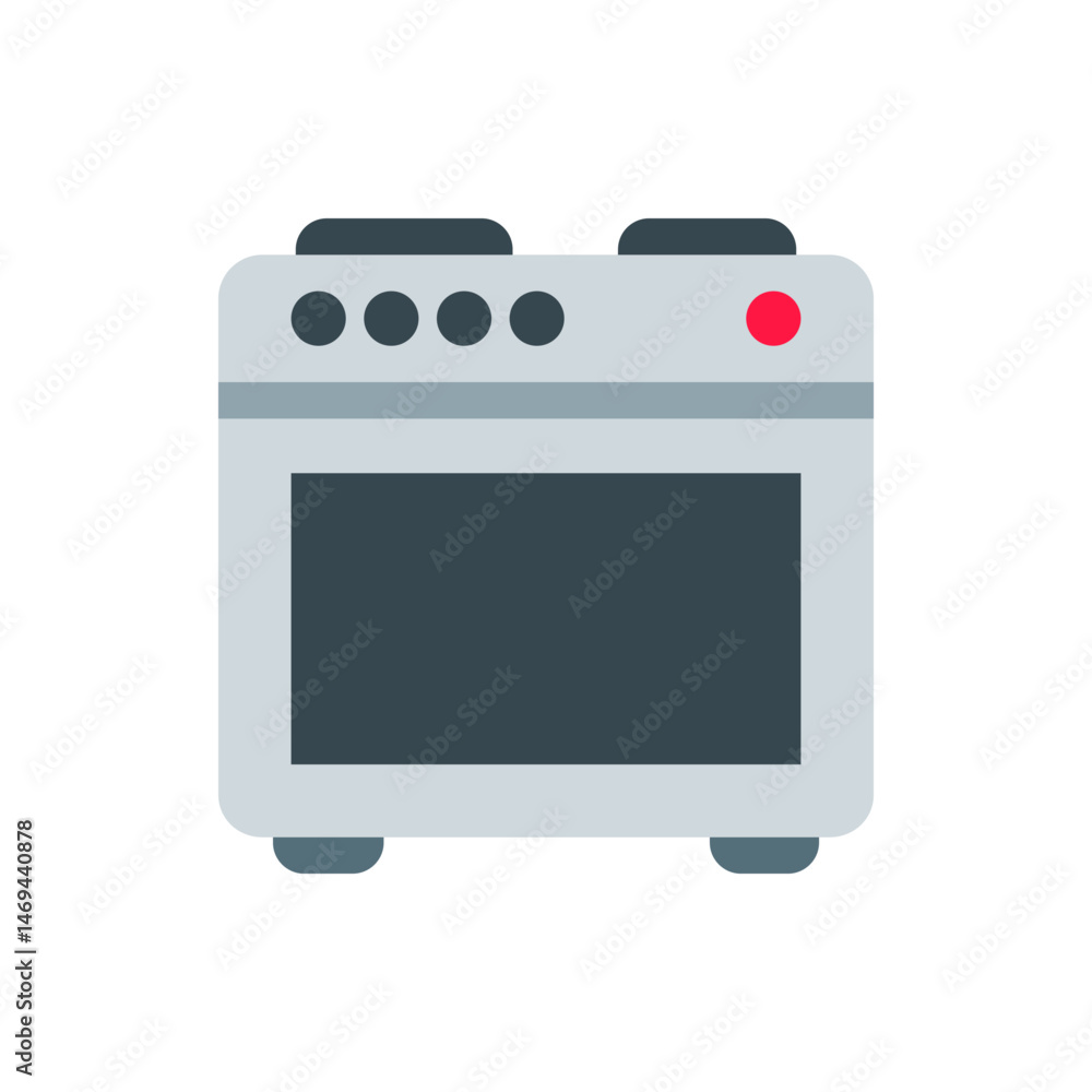 Illustration of a gray oven with black knobs, a red light, and a dark gray oven door on a white background Illustration of a gray oven with black knobs, a red light, and a dark gray oven door on a white background