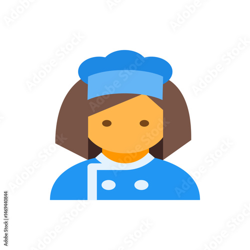 Illustration of a female chef with brown hair wearing a blue chef hat and a blue chef coat uniform