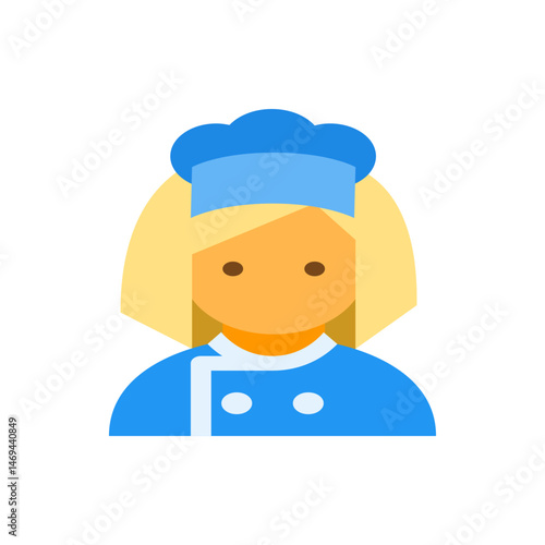 Illustration of a woman with blonde hair wearing a blue chef's hat and uniform with white accents smiling
