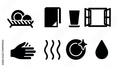Dishwashing symbols for kitchen cleaning and hygiene icons set