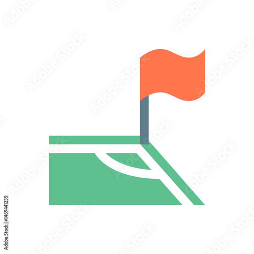 Illustration of a corner flag on a soccer field with green grass and white lines marking the corner area