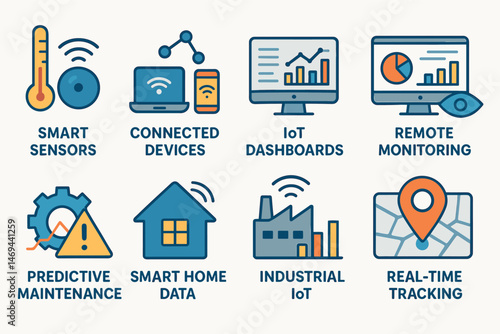 Smart technology icons set – flat, outline, iot and connected devices symbols