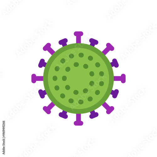 Illustration of a green spherical virus with purple spikes emanating from its surface on a white background