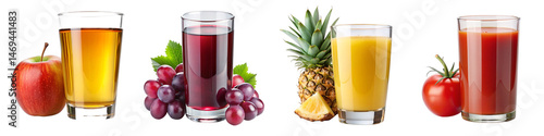 Fresh Fruit Juices Collection – Apple, Grape, Pineapple and Tomato Drinks with Fresh Fruits on Transparent Background for Food Marketing and Menu Design