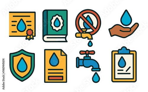 Water conservation flat icons set – eco-friendly, sustainable resource graphics