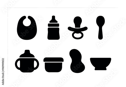Baby essentials solid icons set – filled, silhouette, newborn and infant symbols