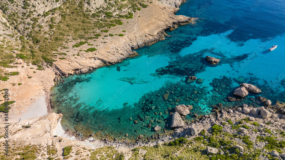 Aerial view of Cala Figuera beach in Mallorca, Balearic Islands, Spain
