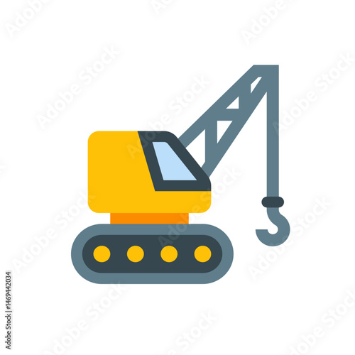 Illustration of a yellow and gray construction crane with a hook and tread base on a white background