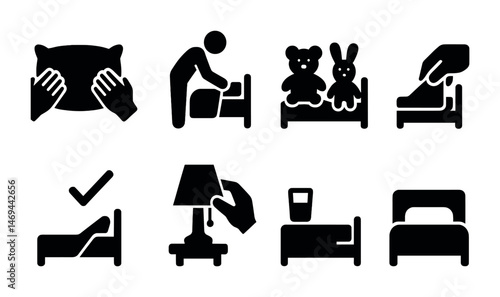 Bed and sleep solid icons set – silhouette, filled, bedtime and comfort symbols