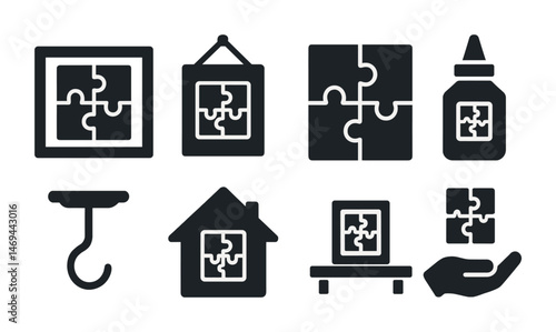 Puzzle and game solid icons set – silhouette, filled, brain teaser symbols