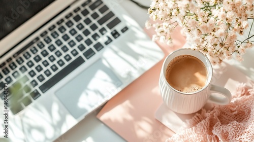Morning Ritual: Laptop Coffee and Flowers in Soft Light for Productivity