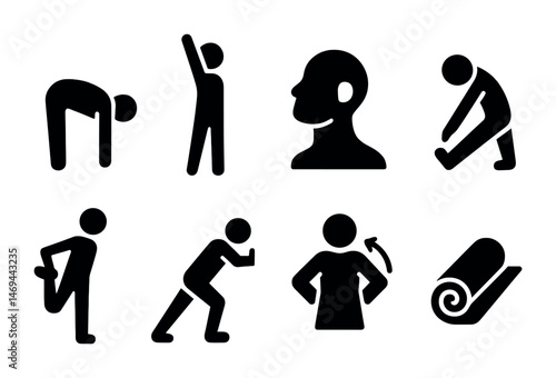 Fitness solid icons set – exercise, silhouette, workout and training symbols