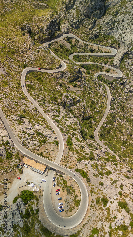 Aerial view of the famous Sa Calobra Road in Mallorca, Balearic islands, Spain.