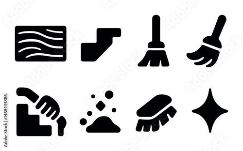 Cleaning and maintenance solid icons set – silhouette, filled, home and janitorial symbols