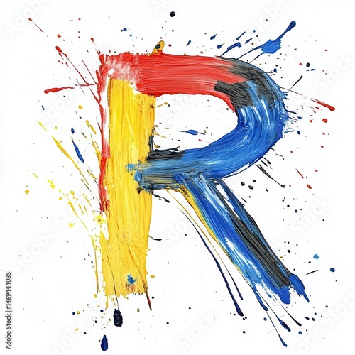 Colorful paint splashes forming the letter R on a white background, ideal for creative projects