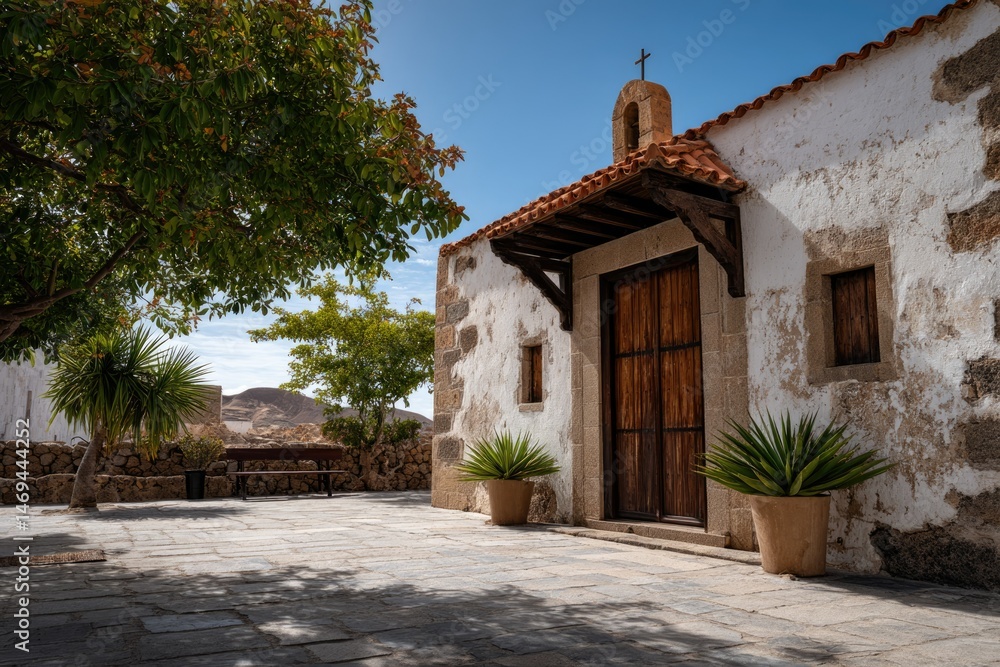 Fototapeta premium Rustic Island Chapel: Sunlit Courtyard, Aged Stone, Tranquil Scene