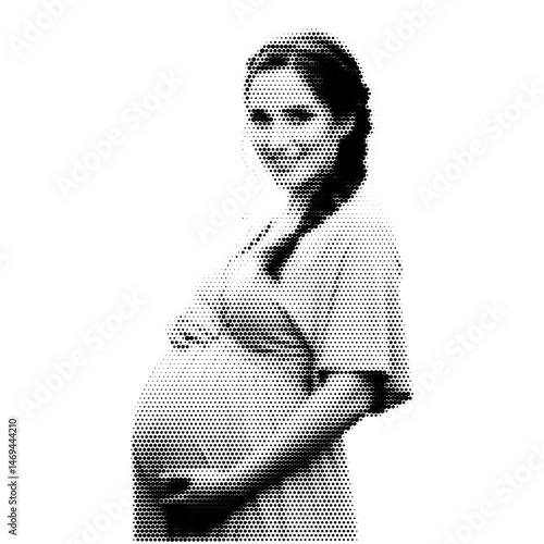 Halftone illustration of a pregnant woman tenderly holding her belly, vintage comic book style, black and white dots, retro texture, symbolizes motherhood.