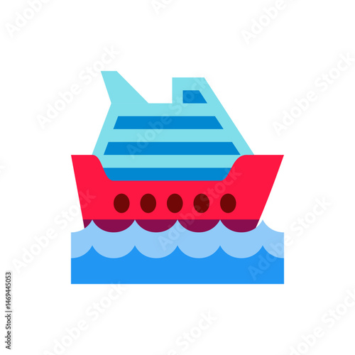 Illustration of a cartoon style cruise ship with red hull and blue upper deck sailing on blue waves