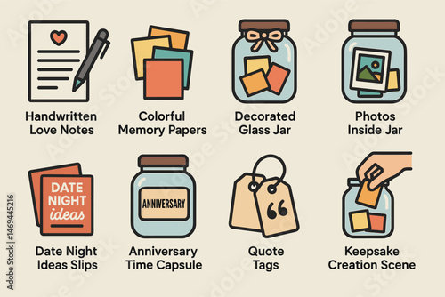 Memory and keepsake flat icons set – colorful, personalized, sentimental graphics