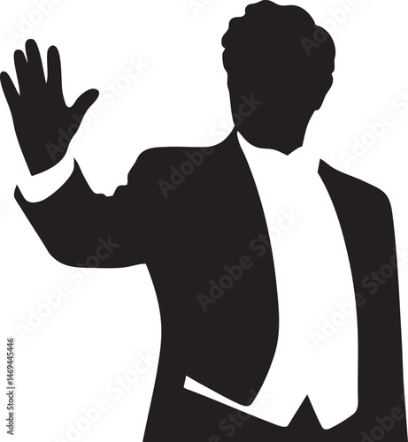A vector illustration silhouette of Conductor Leading an Orchestra, Right Hand raised, symbolizes giving instructions