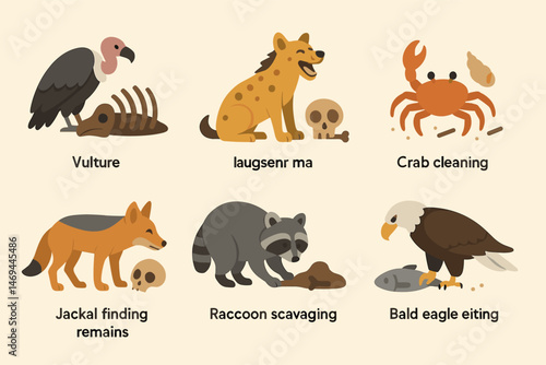 Scavenger animals flat icons set – filled, solid, wildlife and nature symbols