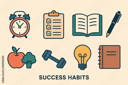 Productivity habits filled icons set – solid, planning, efficiency symbols