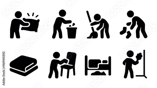 Daily chores solid icons set – silhouette, household, cleaning task symbols