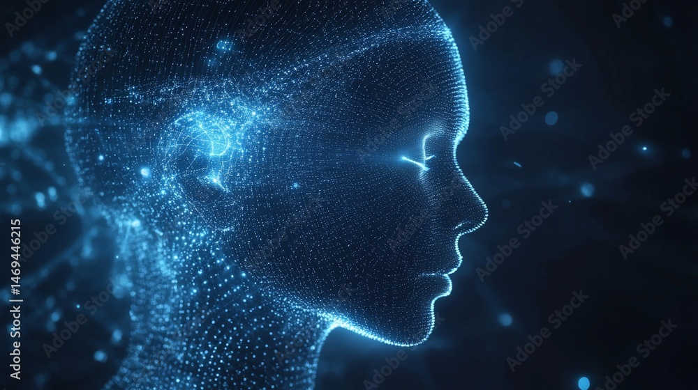 Fototapeta premium Digital Futuristic Human Profile with Glowing Dots and Lines in Blue Tones