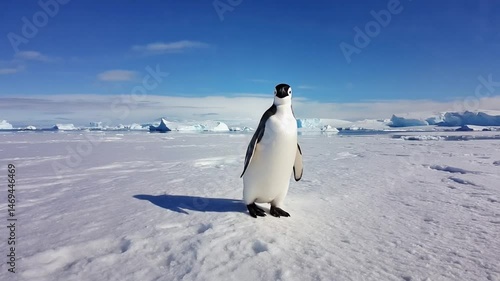 A cute emperor penguin chick stands on the white Antarctic snow, a symbol of polar wildlife in the cold winter