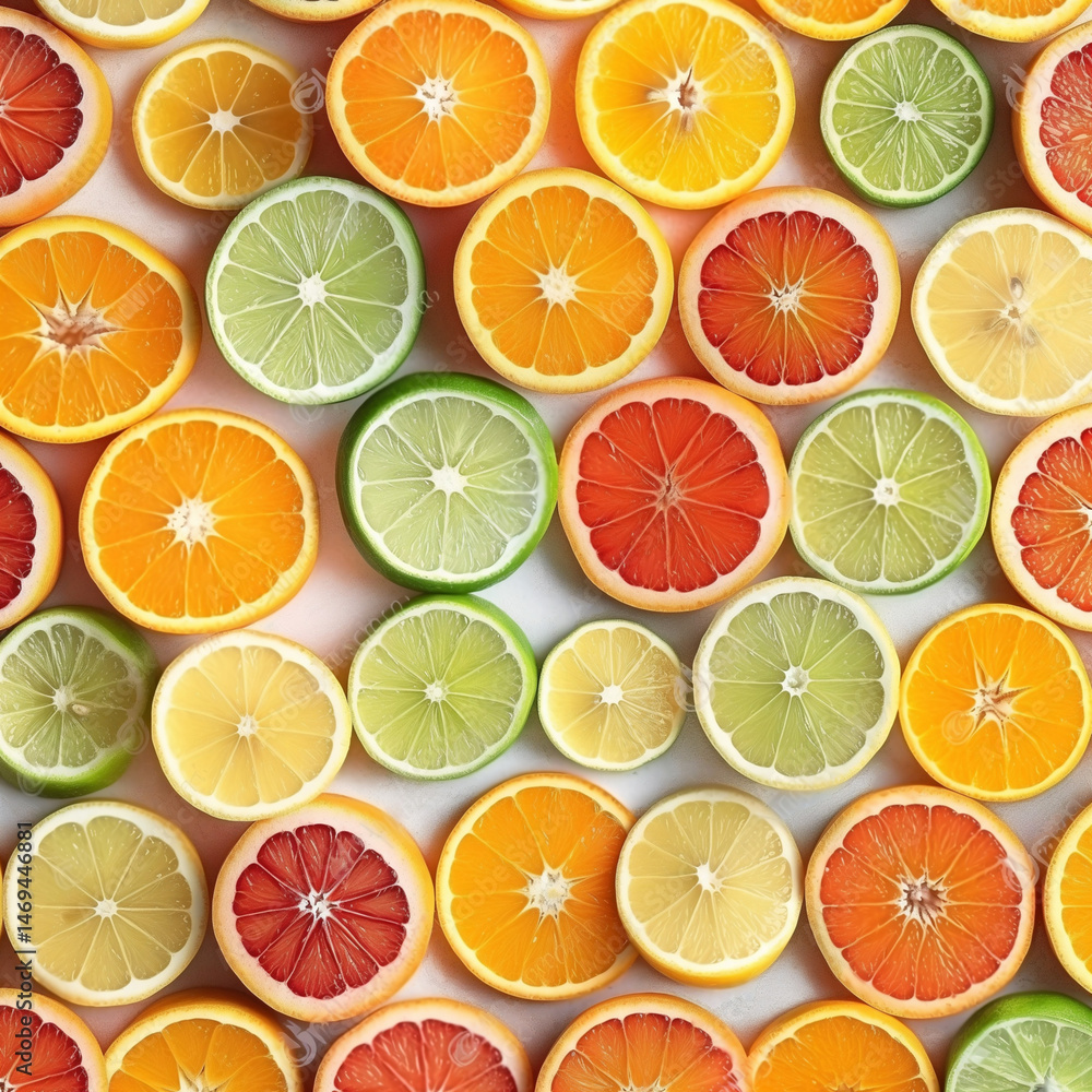 Obraz premium Vibrant and colorful assortment of sliced citrus fruits arranged on a bright yellow background. Generative AI